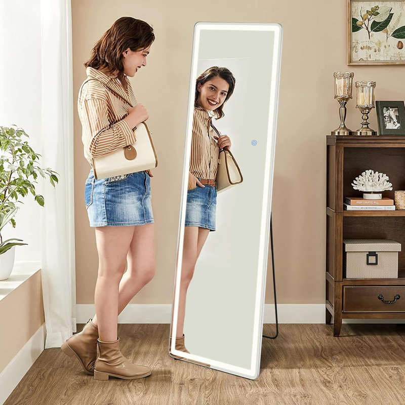 Full Length LED Floor Mirror With Adjustable Brightness & 3 Color Lighting - Ultra Thin Aluminum Alloy Frame - Shatterproof Nano Glass - Stand Or Wall Mount