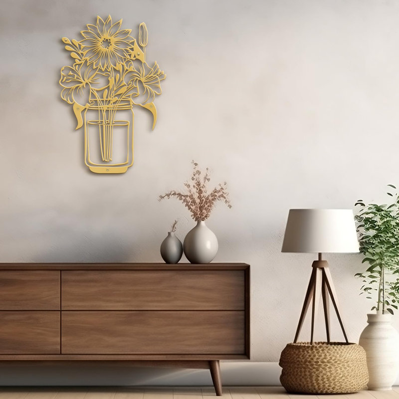 Fleurs en bouteille sculpture murale décorative abstraite moderne minimaliste, Doré, H 36 po x l 25,17 po x P 0,05 po