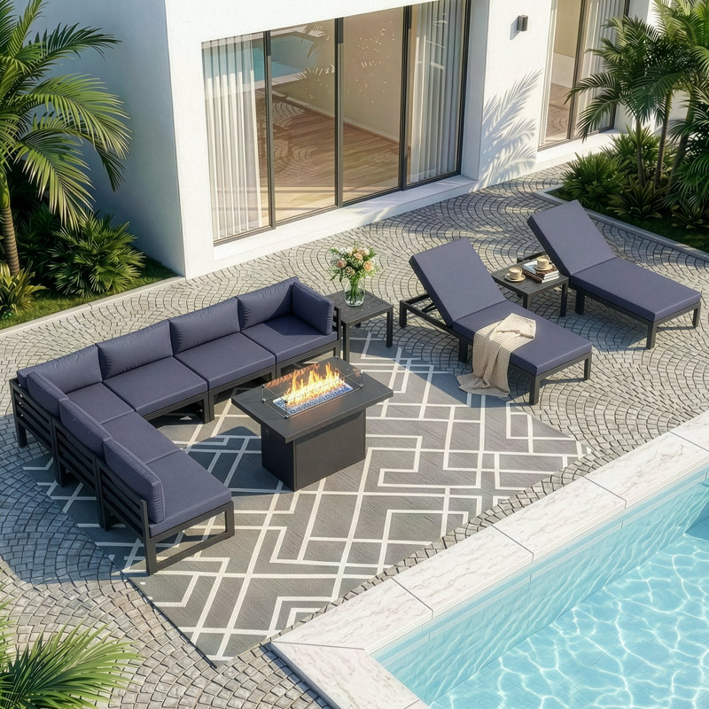 Ensemble modulaire d'extérieur en aluminium pour 8 personnes avec méridienne et coussins Glenita, Bleu denim