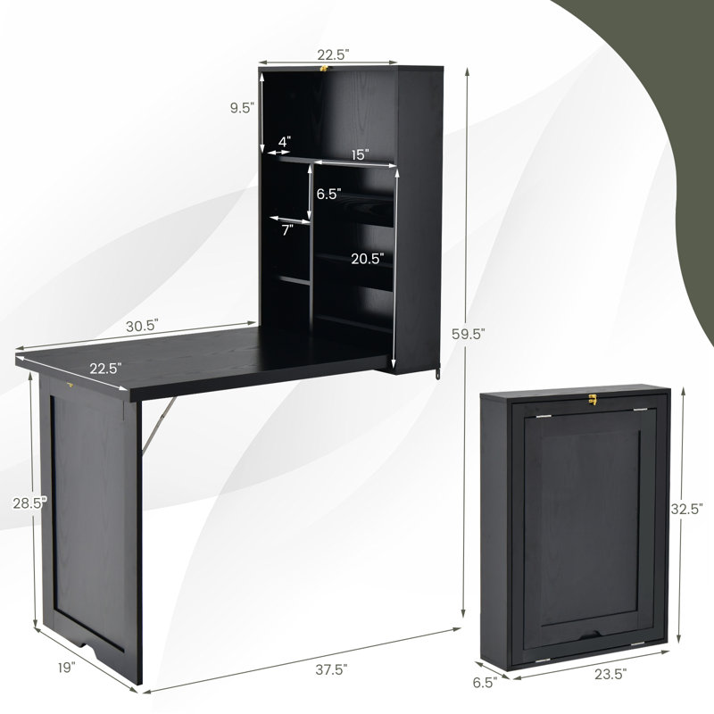 Ebern Designs Bureau pliant mural convertible Bureau d'ordinateur Bureau flottant Bibliothèque de rangement Tablettes réglables Noir