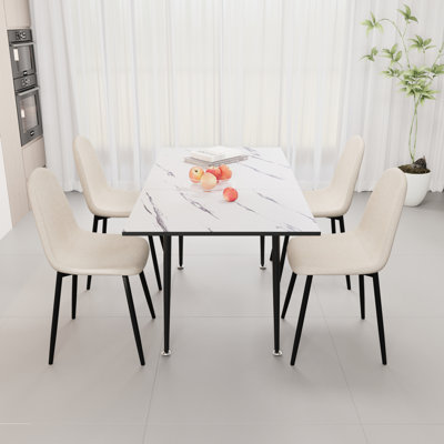 Table à manger extensible moderne, table blanche et chaises en lin beige, base en métal, pouvant accueillir de 2 à 6 personnes de 47 à 63 po, avec