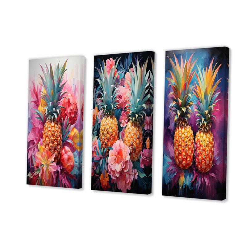 Ensemble de 3 décorations murales colorées, ananas, fantaisistes et tropiques, H 28 po x l 36 po, Toile tendue