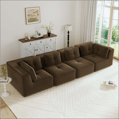 Canapé modulaire Boneless pour salon modulaire, tissu velours côtelé 4 places avec assise profonde, passepoil perlé, conception capitonnée, sans assemblage, conception antidérapante