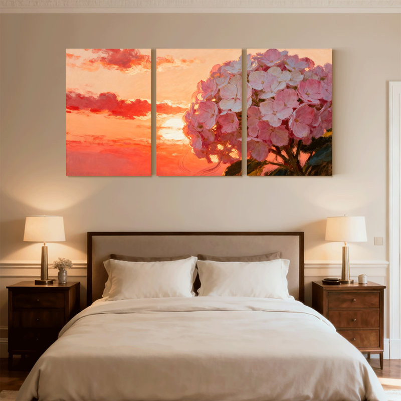 Hortensia coucher de soleil ciel fleurs roses, ensemble de 3 impressions sur toile, H 18 po x l 36 po
