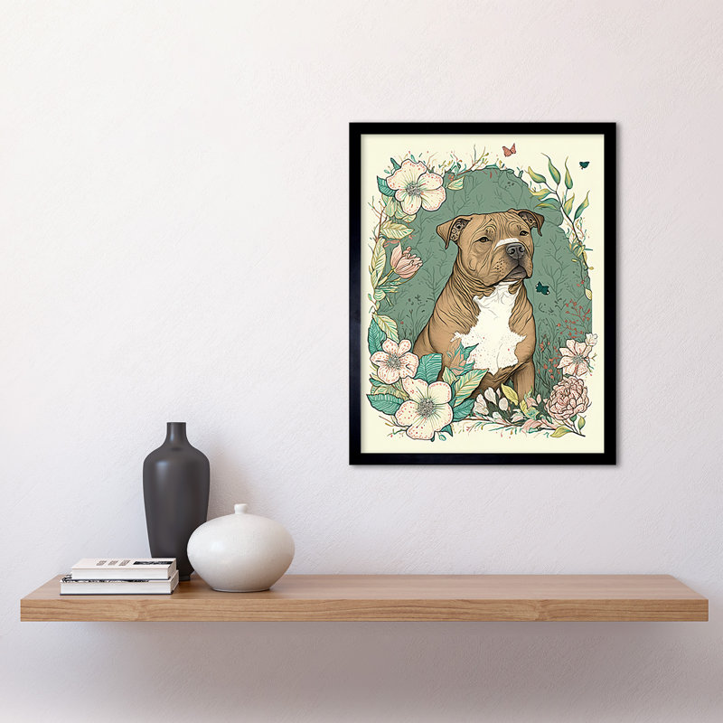 Brown Staffordshire Bull Terrier And Flowers Modern Pastel Boho - Single Picture Frame Print