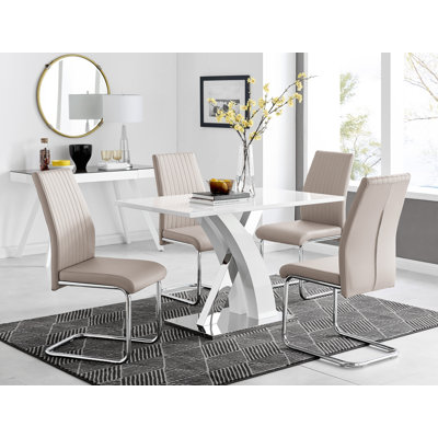Edzard Chrome & White High Gloss Dining Table Set with 4 Luxury Faux Leather Dining Chairs