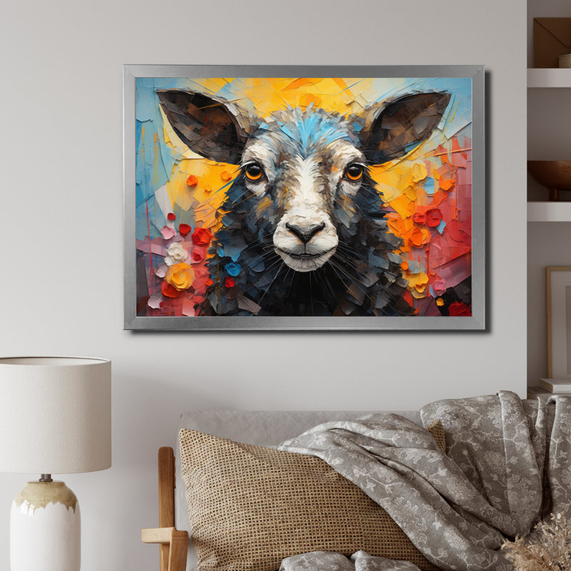 Collage de moutons colorés II sur toile, H 24 po x l 32 po x P 1 po, Cadre simple argenté