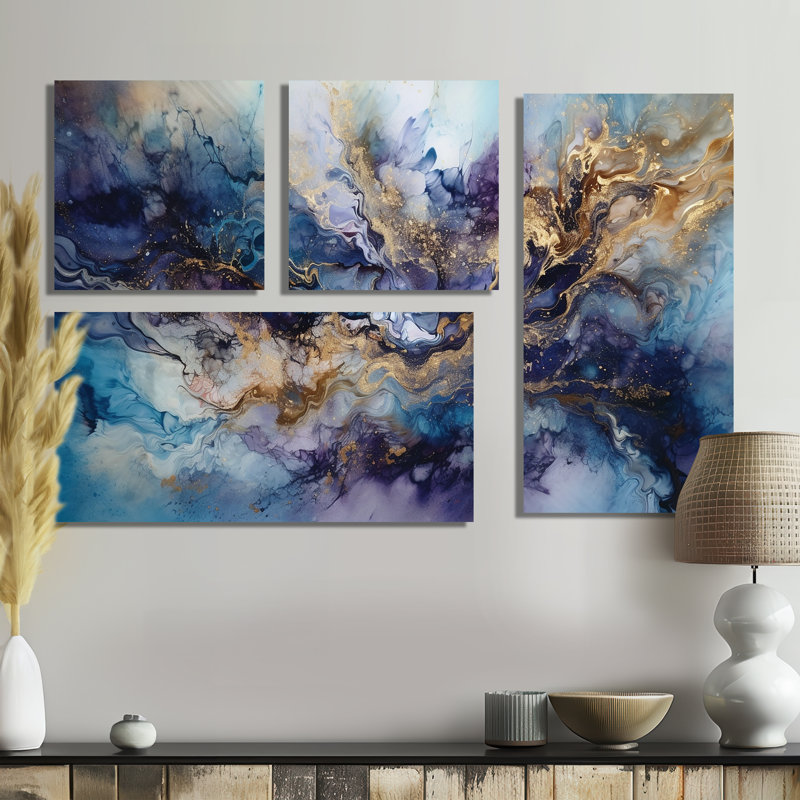 Encre liquide dorée captivante liquide I - mauve moderne, 4 pièces, Toile tendue, Ne s’applique pas