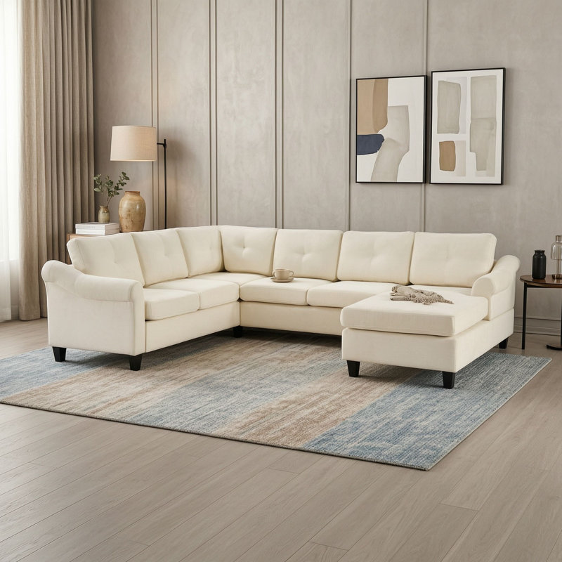 Canapé d'angle en U 5 places avec dossier capitonné, accoudoirs évasés, sièges à ressorts ensachés et design modulable, Beige