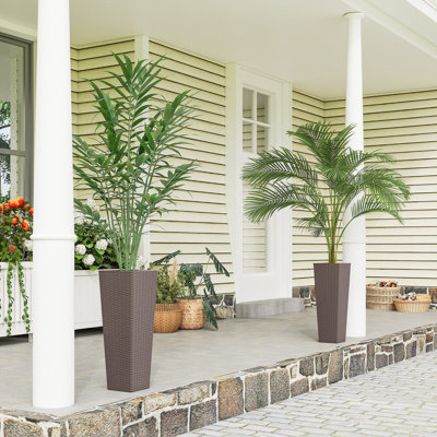 23.6 Inch Tall Planters for Outdoor Plants, Set of 2 Plastic Rattan-Like Flower Pots with Drainage Holes, Stackable Tapered Planters for Indoor Plants, Front Porch, Brown