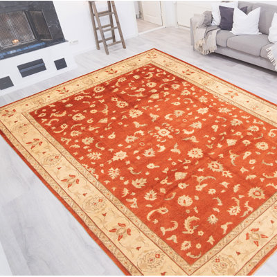 Tapis rouge en laine noué à la main de conception unique 10 pi 1 po x 13 pi 8 po New Age