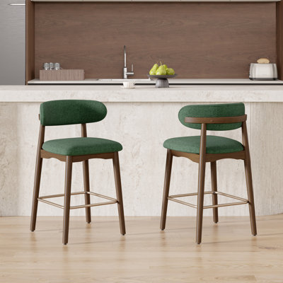 Modern Upholstered Counter Height Bar Stool With Back, Non-swivel, Solid Rubberwood Legs And Bronze Metal Footrest