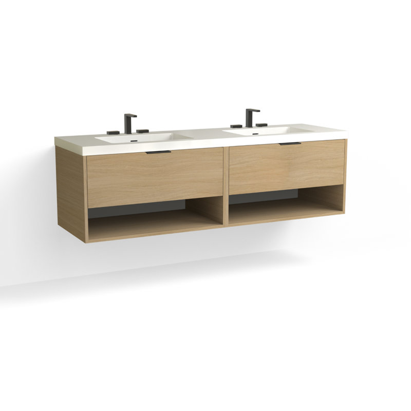 Modo 72" W Wall Mounted Double Bathroom Vanity, White Acrylic, Satin Nickel, Glossy White/Single