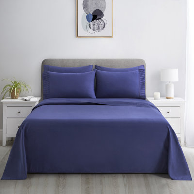 Marina Decoration Home Bedding Bedroom essentials Bedsheet Soft Silky Deep Pocket Solid Cooling Rayon from Bamboo All Season Pleated 4 Pieces Sheet Set with 2 Pillowcases, Navy Blue Color Twin/Single Size