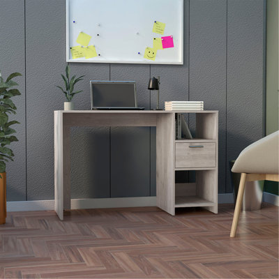 Bureau d'ordinateur avec 1 tiroir et 2 tablettes de rangement ouvertes, chêne fumé