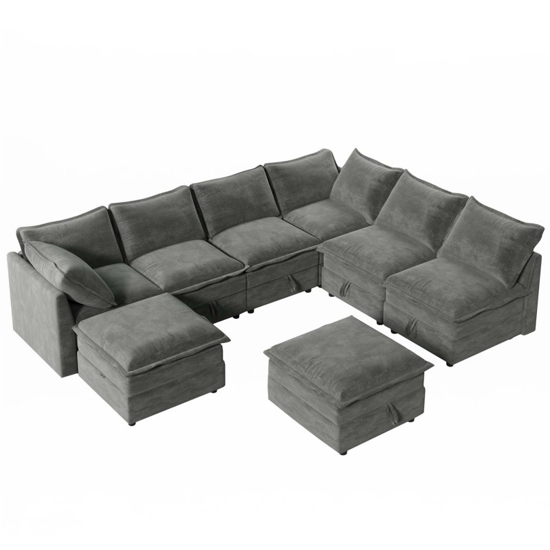 8-Piece Modular Sofa Bed With Storage, Gray Polyester