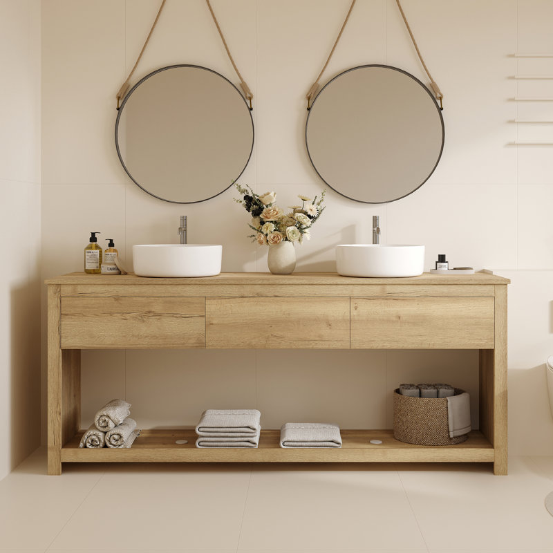 Meuble-lavabo double lavabo de 60 po avec tiroirs et tablette ouverte, meuble de salle de bain en bois, lavabo rond en céramique sur pied
