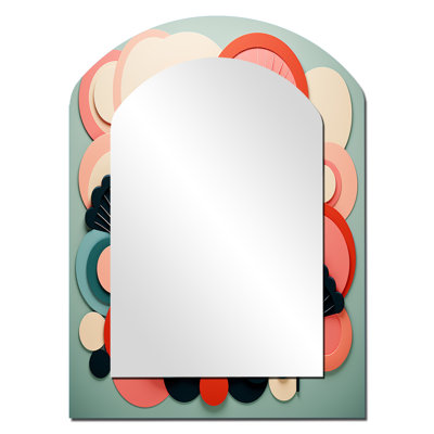 Art Deco Marine Coral Marvel I - Coral Asymmetrical Wall Mirror, Modern Arch Decorative Mirror, Printed Metal Art