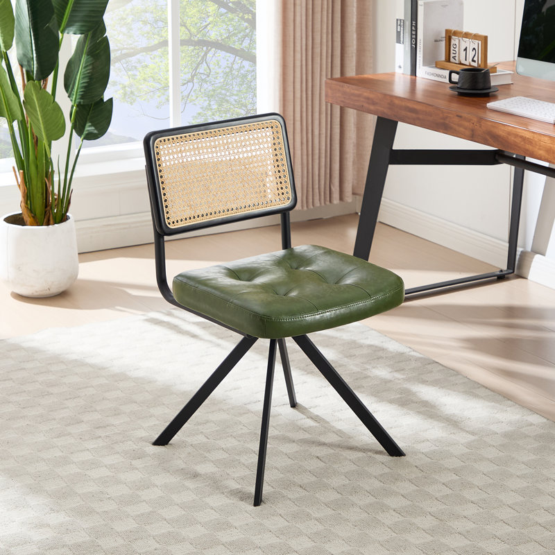 Markwart Mid-Century Modern Swivel Task Chair with Rattan Low Back Tufted Seat and Black Steel Frame, Green