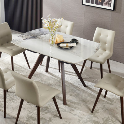 Retractable Imitation   Sintered stone Table Expandable 55.12" to 78.74"  can Seats 4-6 Person Heat Resistant Scratch proof Heavy Duty Carbon solid wood Base for Home Kitchen Living Room Chanel Table.