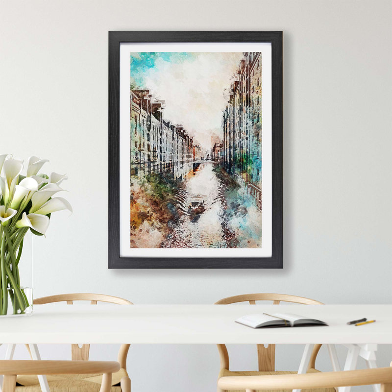 Canal Boat In Hamburg Germany - Single Picture Frame Painting, Black, 45cm H x 63cm W x 2cm D