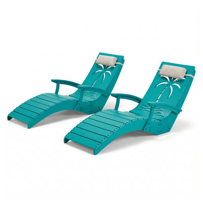 in Pool Lounge Chairs Set of 2 with Armrests, HDPE Pool Chaise Loungers for Sun Shelf, Ergonomic Pool Chairs with Adjustable Headrest & Carry Handle, Fade-Resistant Tropical Palm Design, Blue