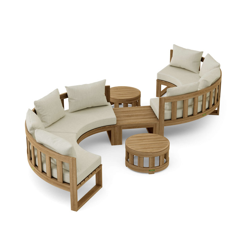 Ensemble de conversation modulaire circulaire en teck Sunbrella avec coussins 7 pièces, Toile Sunbrella® naturel