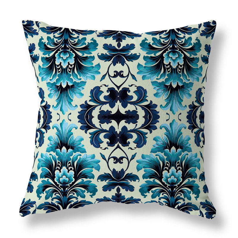 Coussin décoratif réversible intérieur / extérieur Damask Rapture, H 18 po x l 18 po, Bleu / turquoise