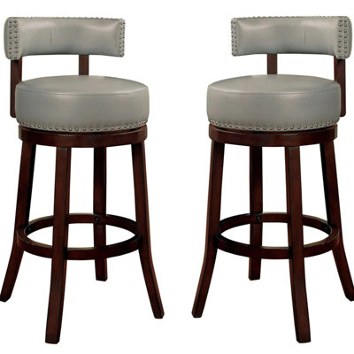 Sherly Set Of 2 Bar Stool 30" Swivel Stool Dark Oak Solid Wood Dark Gray Leatherette Chairs Dining Room