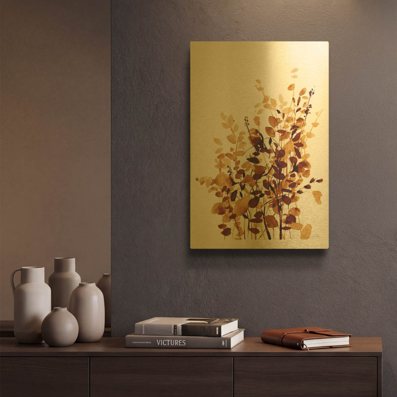 «Brown Botanicals» par Katrina Pete, art mural en métal doré, 12 po x 16 po, 12 po x 16 po