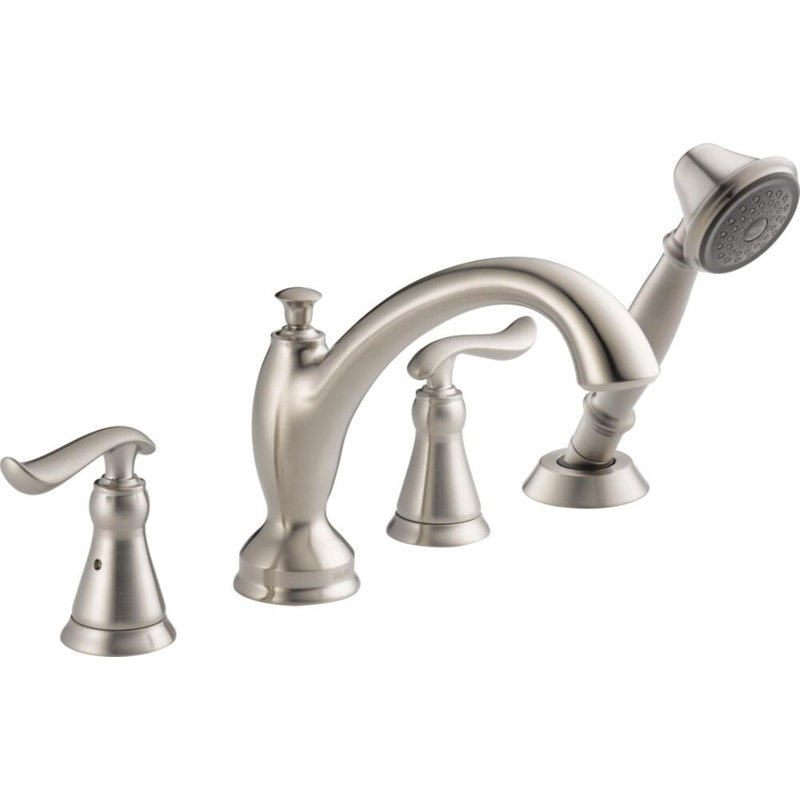 Linden Double Handle Deck Mounted Roman Tub Faucet Trim with Diverter and Handshower, Brilliance Stainless