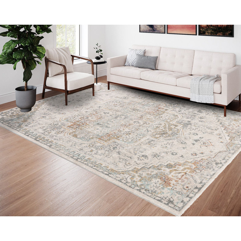 Tapis oriental beige / gris en polypropylène tissé à la machine Marifa, Rectangle 3 pi 3 po x 5 pi