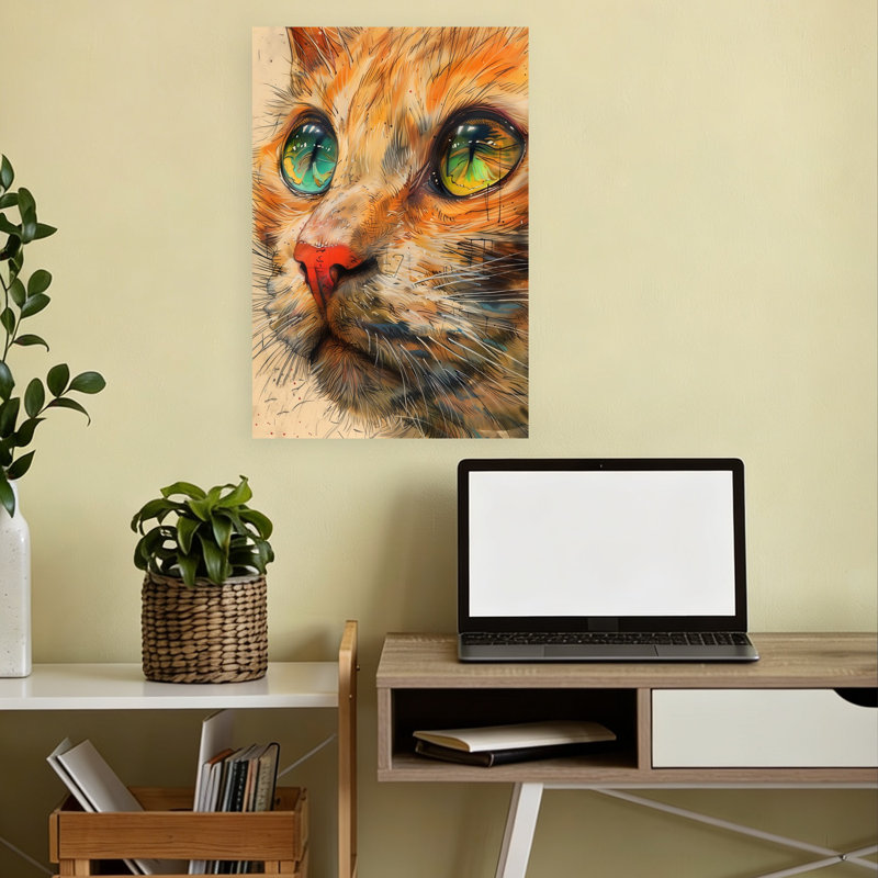 «Vibrant Orange Cat Gaze», art mural moderne, H 18 po x l 12 po