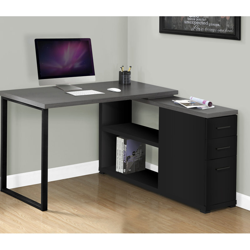 Contemporary L-Shape Computer Desk With Storage Drawers, Adjustable Shelf, And Black Metal Frame For Modern Home Office