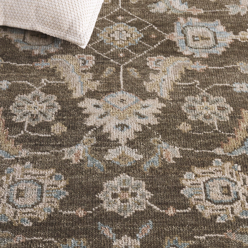 Tapis beige / brun en laine / coton noué à la main, Rectangle 6 pi x 9 pi