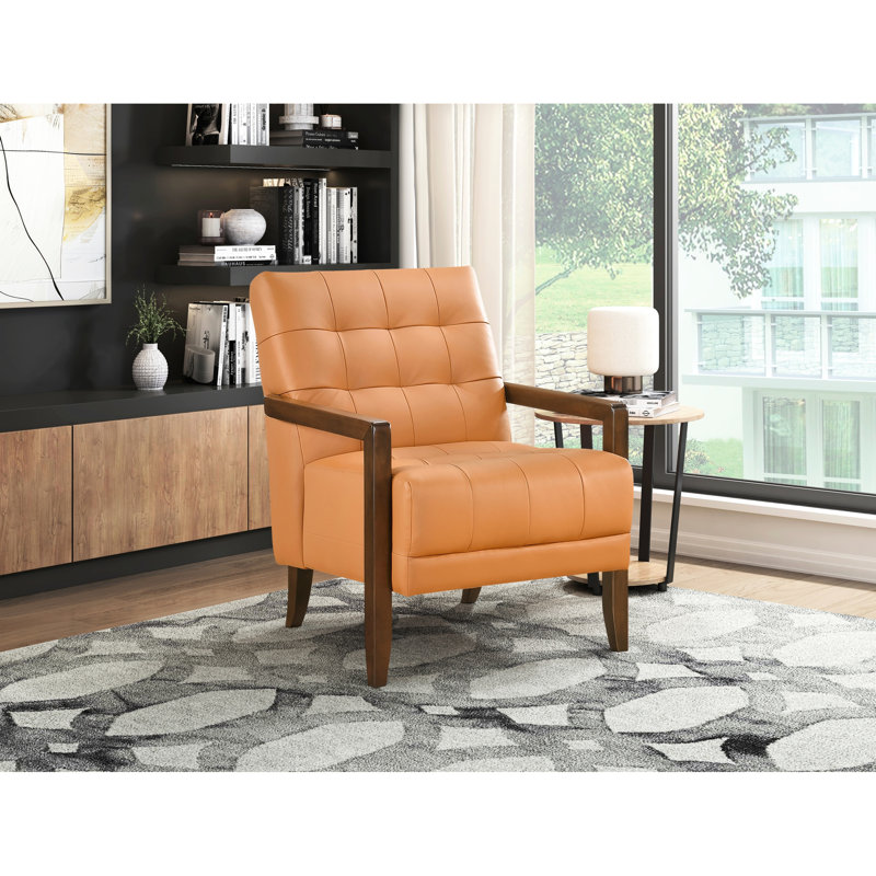 Fauteuil d'appoint 100% cuir orange vif avec structure et coussin de pieds contemporain en contreplaqué brillant