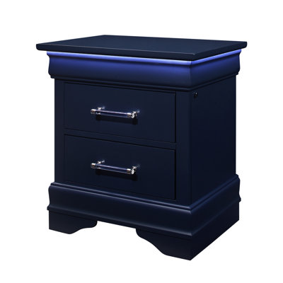 Table de chevet bleue avec DEL - Rangement spacieux, compartiments d'apparence transitionnelle et bois massif
