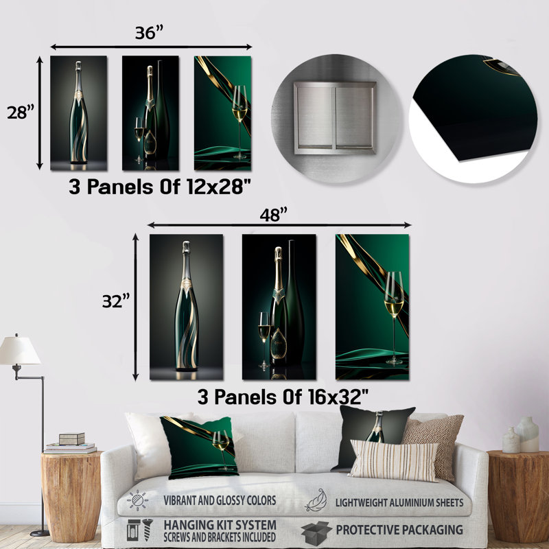 Prestiges profil vert champagne - Champagne, ensemble de 3 reproductions d'art en métal, H 28 po x l 36 po