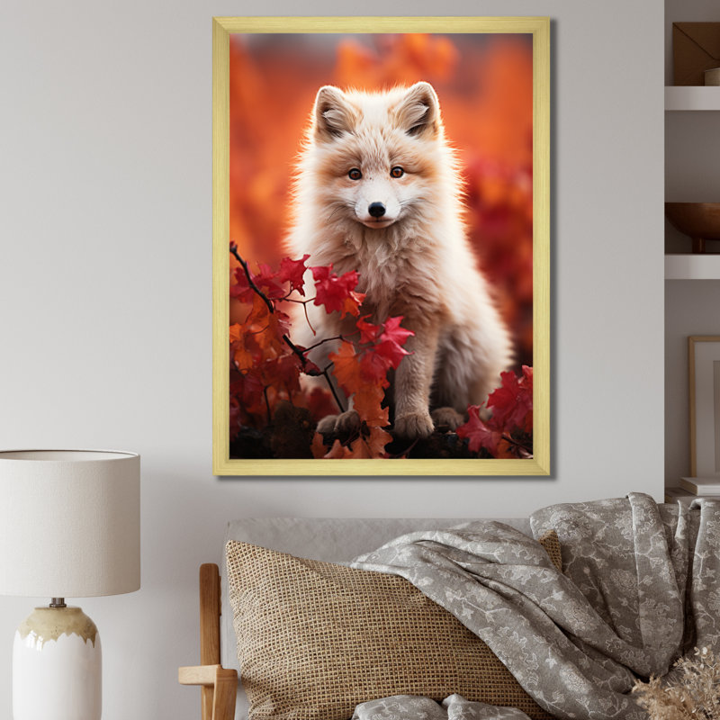Antigore Alaska, renard arctique, rencontre sur toile, H 20 po x l 12 po x P 1 po, Encadrement doré