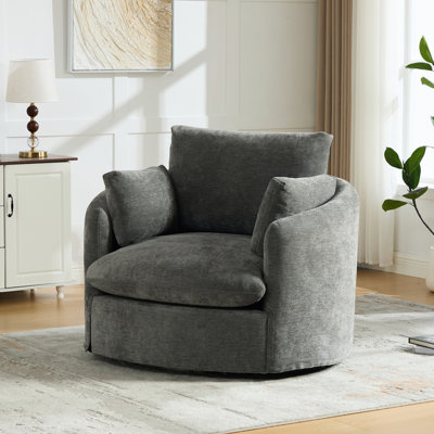 Fauteuil demi-tonneau pivotant de 42,52 po avec chenille, fauteuil d'appoint pivotant à 360 ° avec 3 coussins dodus, fauteuil pivotant rond avec coussin amovible pour le salon