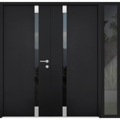Front Exterior Prehung Steel Double Doors / Cynex 6777 Black / Side Exterior Window / Stainless Inserts Single Modern Painted 88x80 (W72+16" x H80")-Right-hand Outswing