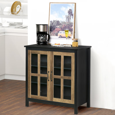 Buffet de cuisine Newlon, armoire à portes vitrées, armoire d'appoint avec tablette de rangement réglable pour le salon, grain de bois noir