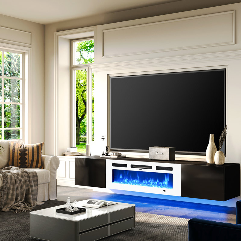 Floating Tv Stand With 36" Electric Fireplace, Wall Mounted Fireplace Entertainment Center With Storage For Tvs Up To 80", Adjustable Partition