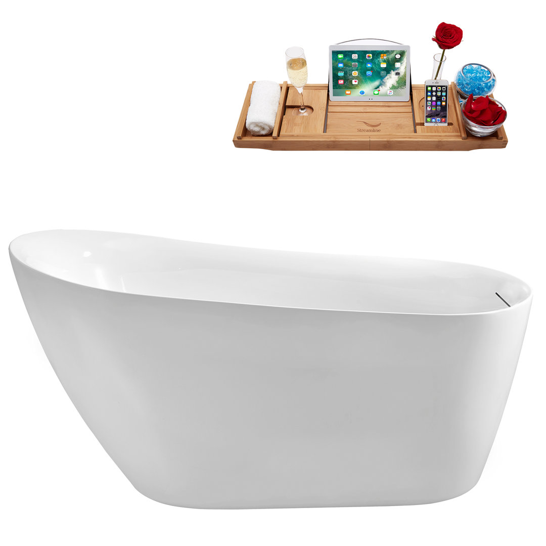 59'' Streamline Freestanding Soaking Acrylic Bathtub With Drain and Bamboo Tray Streamline Bath Drain 