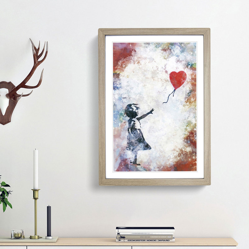 The Girl With A Red Balloon In Abstract by Banksy Framed Print, 50cm H x 35cm W x 2cm D, Oak Framed