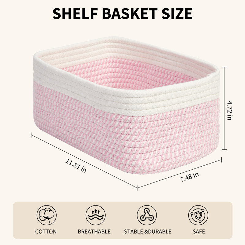Paquet de 3 paniers de rangement en corde de coton tissé rose, bacs décoratifs rectangulaires pour tablettes, 7,48 x 11,81 x 4,72 pouces
