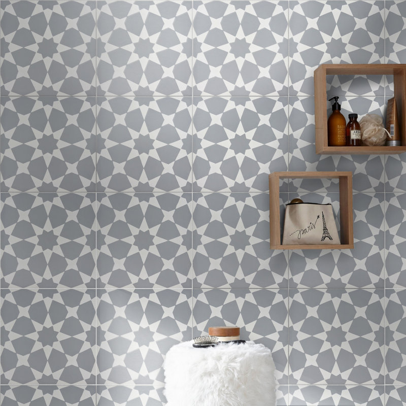 Medina 8" x 8" Cement Patterned Wall & Floor Tile, Gray/White