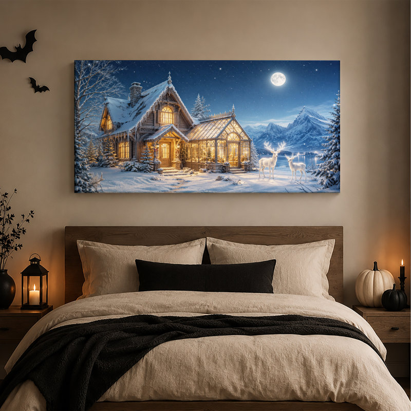 Chalet enneigé avec serre et cerf blanc - Toile murale d'Halloween, L 46 po x H 24 po