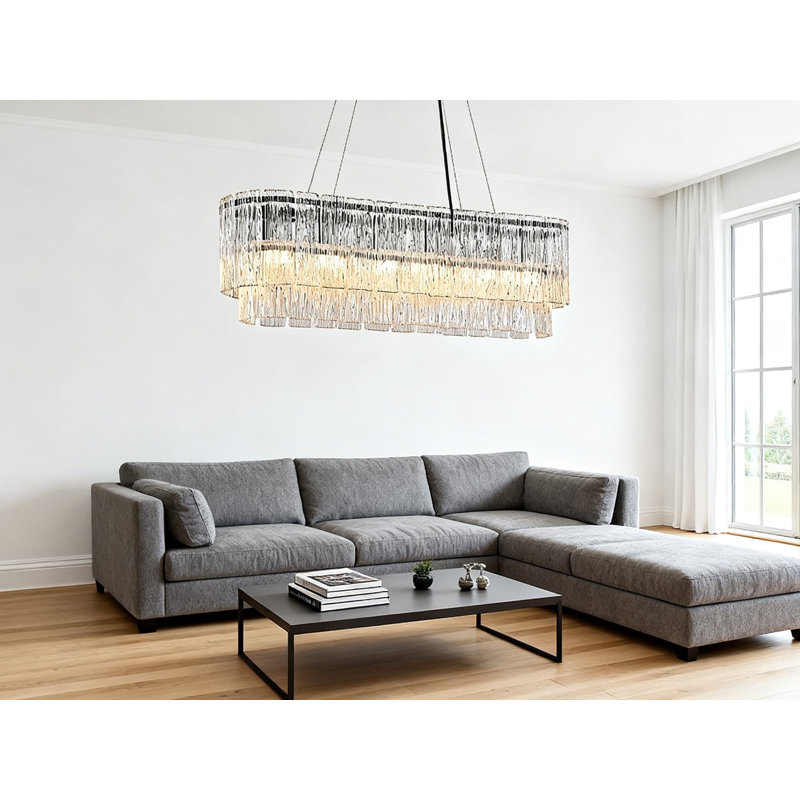 Lustre linéaire moderne noir avec verre en cristal fait à la main, luminaire suspendu rectangulaire à 6 lumières pour îlot de cuisine et salle à manger