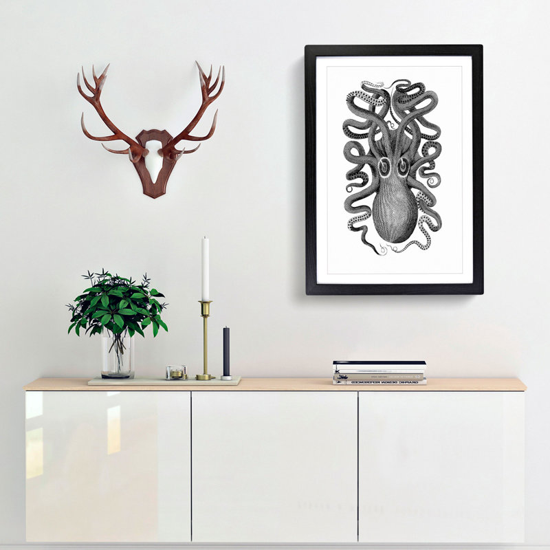 Octopus in Black and White by George Shaw - Picture Frame Drawing Print, 65cm H x 48cm W x 2cm D, Black Framed